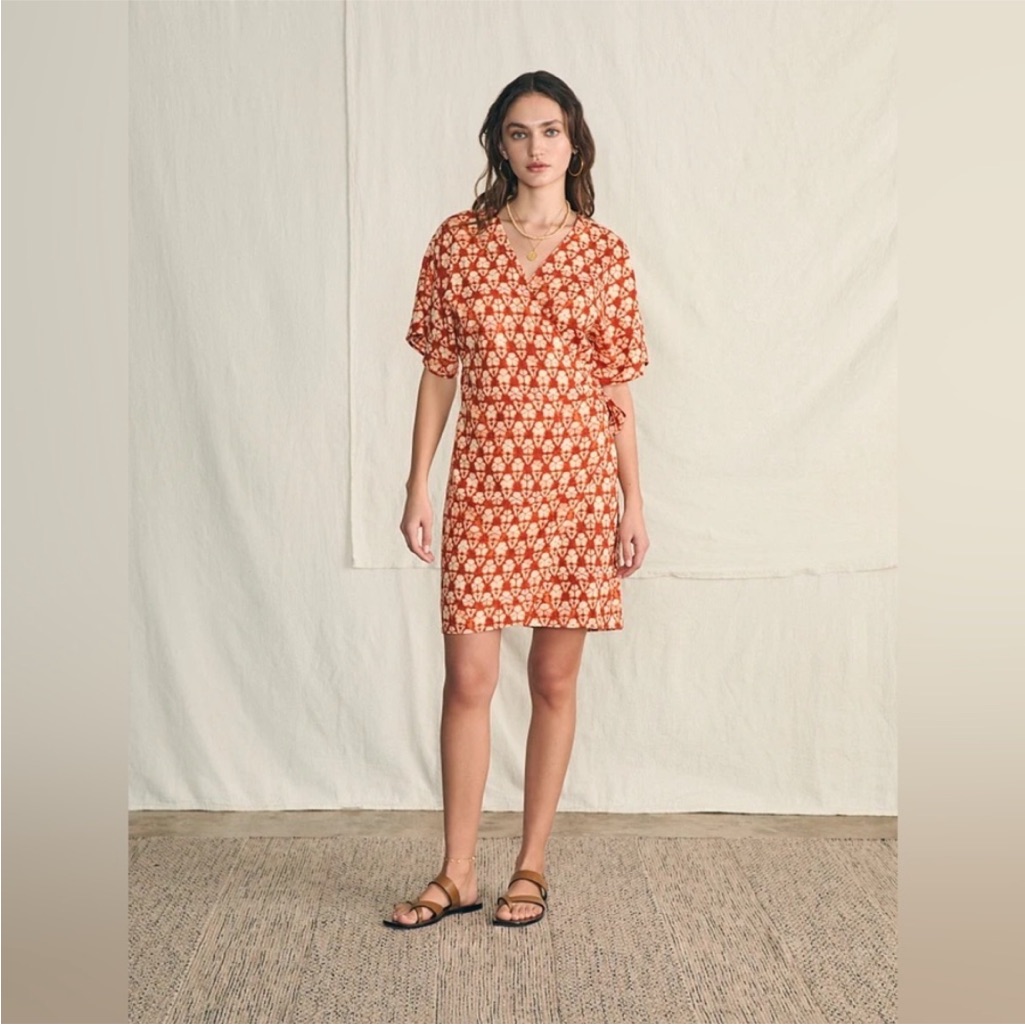 Faherty Rust And Cream Floral V-Neck Wrap Dress